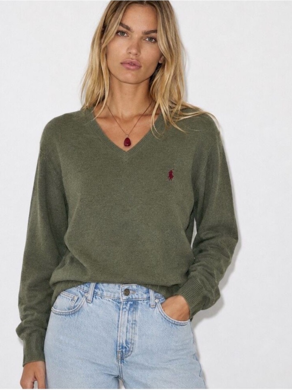 Ralph Lauren Olive V-Neck Sweater with Burgundy Pony